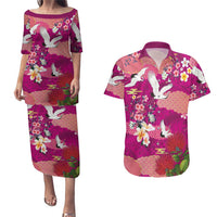 Hawaiian and Japanese Culture Together Couples Matching Puletasi and Hawaiian Shirt Pink Ohia Lehua Plumeria and Sakura Blooming - Polynesian Pride