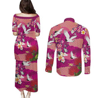 Hawaiian and Japanese Culture Together Couples Matching Puletasi and Long Sleeve Button Shirt Pink Ohia Lehua Plumeria and Sakura Blooming - Polynesian Pride