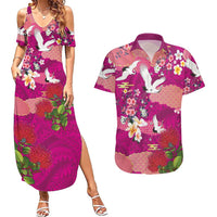 Hawaiian and Japanese Culture Together Couples Matching Summer Maxi Dress and Hawaiian Shirt Pink Ohia Lehua Plumeria and Sakura Blooming - Polynesian Pride