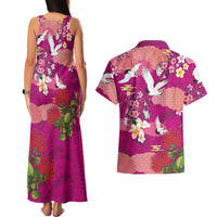Hawaiian and Japanese Culture Together Couples Matching Tank Maxi Dress and Hawaiian Shirt Pink Ohia Lehua Plumeria and Sakura Blooming - Polynesian Pride