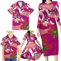 Hawaiian and Japanese Culture Together Family Matching Long Sleeve Bodycon Dress and Hawaiian Shirt Pink Ohia Lehua Plumeria and Sakura Blooming - Polynesian Pride