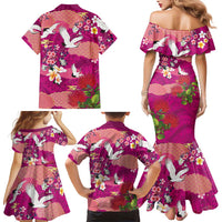 Hawaiian and Japanese Culture Together Family Matching Mermaid Dress and Hawaiian Shirt Pink Ohia Lehua Plumeria and Sakura Blooming - Polynesian Pride