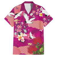 Hawaiian and Japanese Culture Together Family Matching Off Shoulder Maxi Dress and Hawaiian Shirt Pink Ohia Lehua Plumeria and Sakura Blooming - Polynesian Pride