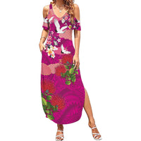 Hawaiian and Japanese Culture Together Family Matching Summer Maxi Dress and Hawaiian Shirt Pink Ohia Lehua Plumeria and Sakura Blooming - Polynesian Pride