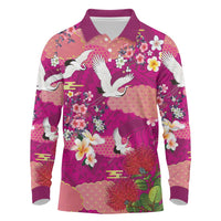 Hawaiian and Japanese Culture Together Long Sleeve Polo Shirt Pink Ohia Lehua Plumeria and Sakura Blooming LT03 Pink - Polynesian Pride