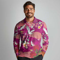 Hawaiian and Japanese Culture Together Long Sleeve Polo Shirt Pink Ohia Lehua Plumeria and Sakura Blooming LT03 - Polynesian Pride