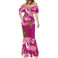 Hawaiian and Japanese Culture Together Mermaid Dress Pink Ohia Lehua Plumeria and Sakura Blooming - Polynesian Pride