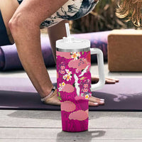 Hawaiian and Japanese Culture Together Tumbler With Handle Pink Ohia Lehua Plumeria and Sakura Blooming - Polynesian Pride