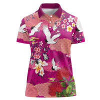 Hawaiian and Japanese Culture Together Women Polo Shirt Pink Ohia Lehua Plumeria and Sakura Blooming - Polynesian Pride