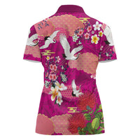 Hawaiian and Japanese Culture Together Women Polo Shirt Pink Ohia Lehua Plumeria and Sakura Blooming - Polynesian Pride