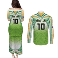 Custom Cook Islands Rugby League Couples Matching Puletasi and Long Sleeve Button Shirt Tatau Tribal Motifs-Light Green Color - Polynesian Pride