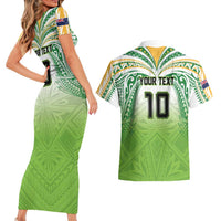 Custom Cook Islands Rugby League Couples Matching Short Sleeve Bodycon Dress and Hawaiian Shirt Tatau Tribal Motifs-Light Green Color - Polynesian Pride