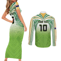 Custom Cook Islands Rugby League Couples Matching Short Sleeve Bodycon Dress and Long Sleeve Button Shirt Tatau Tribal Motifs-Light Green Color - Polynesian Pride
