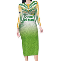 Custom Cook Islands Rugby League Family Matching Long Sleeve Bodycon Dress and Hawaiian Shirt Tatau Tribal Motifs-Light Green Color LT03 Mom's Dress Green - Polynesian Pride