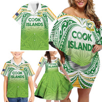 Custom Cook Islands Rugby League Family Matching Off Shoulder Short Dress and Hawaiian Shirt Tatau Tribal Motifs-Light Green Color - Polynesian Pride