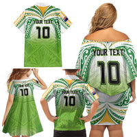 Custom Cook Islands Rugby League Family Matching Off Shoulder Short Dress and Hawaiian Shirt Tatau Tribal Motifs-Light Green Color - Polynesian Pride