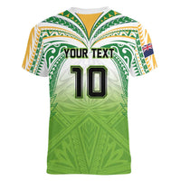 Custom Cook Islands Rugby League Women V-Neck T-Shirt Tatau Tribal Motifs-Light Green Color - Polynesian Pride