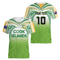 Custom Cook Islands Rugby League Women V-Neck T-Shirt Tatau Tribal Motifs-Light Green Color - Polynesian Pride
