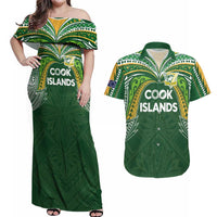 Custom Cook Islands Rugby League Couples Matching Off Shoulder Maxi Dress and Hawaiian Shirt Tatau Tribal Motifs-Dark Green Color - Polynesian Pride