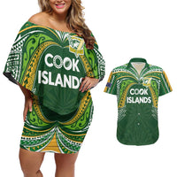Custom Cook Islands Rugby League Couples Matching Off Shoulder Short Dress and Hawaiian Shirt Tatau Tribal Motifs-Dark Green Color - Polynesian Pride