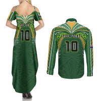 Custom Cook Islands Rugby League Couples Matching Summer Maxi Dress and Long Sleeve Button Shirt Tatau Tribal Motifs-Dark Green Color - Polynesian Pride