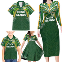 Custom Cook Islands Rugby League Family Matching Long Sleeve Bodycon Dress and Hawaiian Shirt Tatau Tribal Motifs-Dark Green Color - Polynesian Pride