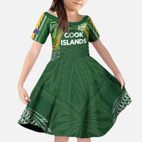 Custom Cook Islands Rugby League Family Matching Off The Shoulder Long Sleeve Dress and Hawaiian Shirt Tatau Tribal Motifs-Dark Green Color LT03 Daughter's Dress Green - Polynesian Pride