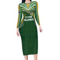 Custom Cook Islands Rugby League Long Sleeve Bodycon Dress Tatau Tribal Motifs-Dark Green Color - Polynesian Pride