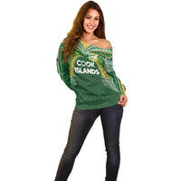 Custom Cook Islands Rugby League Off Shoulder Sweater Tatau Tribal Motifs-Dark Green Color - Polynesian Pride
