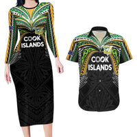 Custom Cook Islands Rugby League Couples Matching Long Sleeve Bodycon Dress and Hawaiian Shirt Tatau Tribal Motifs-Black Color - Polynesian Pride
