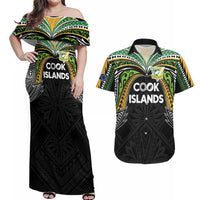 Custom Cook Islands Rugby League Couples Matching Off Shoulder Maxi Dress and Hawaiian Shirt Tatau Tribal Motifs-Black Color - Polynesian Pride