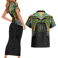 Custom Cook Islands Rugby League Couples Matching Short Sleeve Bodycon Dress and Hawaiian Shirt Tatau Tribal Motifs-Black Color - Polynesian Pride