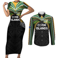 Custom Cook Islands Rugby League Couples Matching Short Sleeve Bodycon Dress and Long Sleeve Button Shirt Tatau Tribal Motifs-Black Color - Polynesian Pride