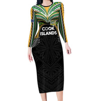 Custom Cook Islands Rugby League Family Matching Long Sleeve Bodycon Dress and Hawaiian Shirt Tatau Tribal Motifs-Black Color LT03 Mom's Dress Black - Polynesian Pride