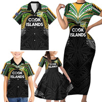 Custom Cook Islands Rugby League Family Matching Short Sleeve Bodycon Dress and Hawaiian Shirt Tatau Tribal Motifs-Black Color - Polynesian Pride