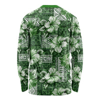 Hawaiian Quilt Pattern Long Sleeve Shirt Hibiscus and Tribal Element Vintage Green Vibe LT03 - Polynesian Pride