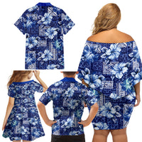 Hawaiian Quilt Pattern Family Matching Off Shoulder Short Dress and Hawaiian Shirt Hibiscus and Tribal Element Vintage Blue Vibe LT03 - Polynesian Pride
