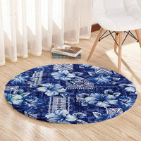 Hawaiian Quilt Pattern Round Carpet Hibiscus and Tribal Element Vintage Blue Vibe LT03 - Polynesian Pride