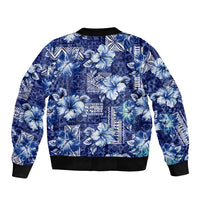 Hawaiian Quilt Pattern Sleeve Zip Bomber Jacket Hibiscus and Tribal Element Vintage Blue Vibe LT03 - Polynesian Pride