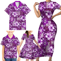 Hawaiian Quilt Pattern Family Matching Short Sleeve Bodycon Dress and Hawaiian Shirt Hibiscus and Tribal Element Vintage Purple Vibe LT03 - Polynesian Pride