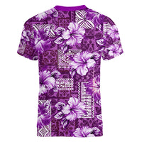 Hawaiian Quilt Pattern Women V Neck T Shirt Hibiscus and Tribal Element Vintage Purple Vibe LT03 - Polynesian Pride