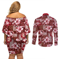 Hawaiian Quilt Pattern Couples Matching Off Shoulder Short Dress and Long Sleeve Button Shirt Hibiscus and Tribal Element Vintage Red Vibe LT03 - Polynesian Pride