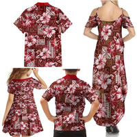 Hawaiian Quilt Pattern Family Matching Summer Maxi Dress and Hawaiian Shirt Hibiscus and Tribal Element Vintage Red Vibe LT03 - Polynesian Pride
