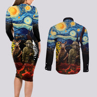 New Zealand and Australia ANZAC Day Couples Matching Long Sleeve Bodycon Dress and Long Sleeve Button Shirt Kiwi Bird and Kangaroo Soldier Starry Night Style LT03 - Polynesian Pride