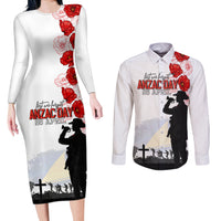 Tokelau ANZAC Day Couples Matching Long Sleeve Bodycon Dress and Long Sleeve Button Shirt Lest We Forget Red Poppy Flowers and Soldier LT03 White - Polynesian Pride