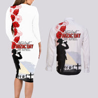 Tokelau ANZAC Day Couples Matching Long Sleeve Bodycon Dress and Long Sleeve Button Shirt Lest We Forget Red Poppy Flowers and Soldier LT03 - Polynesian Pride