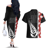 New Zealand ANZAC Day Couples Matching Off The Shoulder Long Sleeve Dress and Hawaiian Shirt Soldier Silver Fern with Red Poppies Flower Maori Style LT03 - Polynesian Pride