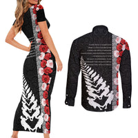 New Zealand ANZAC Day Couples Matching Short Sleeve Bodycon Dress and Long Sleeve Button Shirt Soldier Silver Fern with Red Poppies Flower Maori Style LT03 - Polynesian Pride