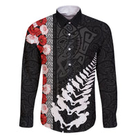 New Zealand ANZAC Day Family Matching Off Shoulder Short Dress and Hawaiian Shirt Soldier Silver Fern with Red Poppies Flower Maori Style LT03 Dad's Shirt - Long Sleeve Black - Polynesian Pride