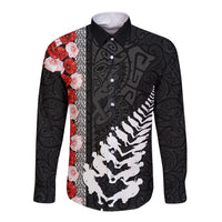 New Zealand ANZAC Day Long Sleeve Button Shirt Soldier Silver Fern with Red Poppies Flower Maori Style LT03 Unisex Black - Polynesian Pride
